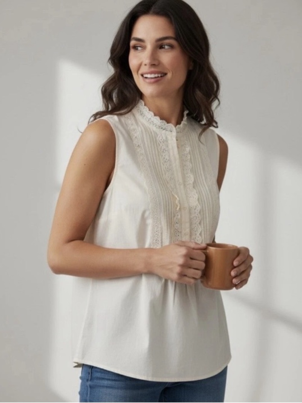 J.CREW EYELET RUFFLE PIN-TUCKED COTTON SLEEVELESS TOP CROCHET LACE CREAM SIZE 8